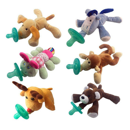 Soft puppy plush toy pacifier for infants, with BPA-free silicone soother for teething comfort.