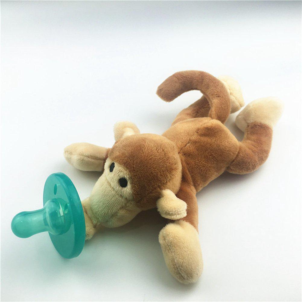 Cute monkey baby pacifier with integrated plush toy, ideal for comforting and teething newborns.