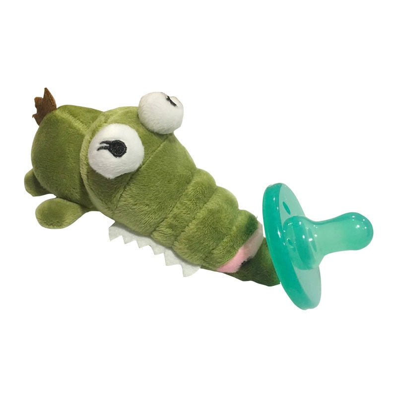 Comfort toy: giraffe plush animal pacifier soother with a soft silicone nipple for teething babies.