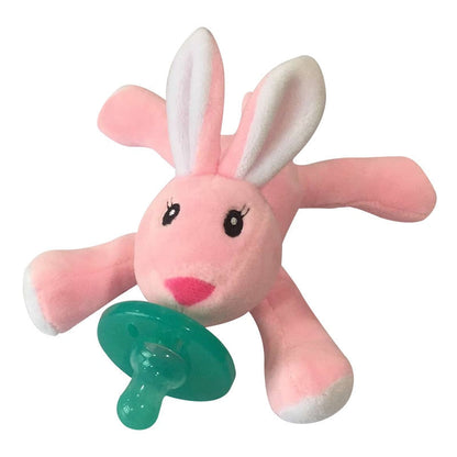 Newborn gift: bunny plush pacifier with medical-grade silicone soother for gentle teething relief.