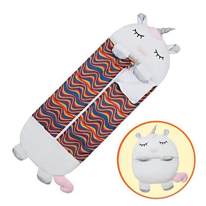 Gift-ready children's sleeping bag, soft green dinosaur plush, easy roll-up
