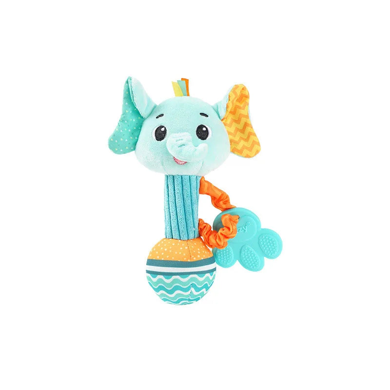 Fox baby rattle and crinkle toy, plush and colorful, designed for sensory play and fine motor skills.