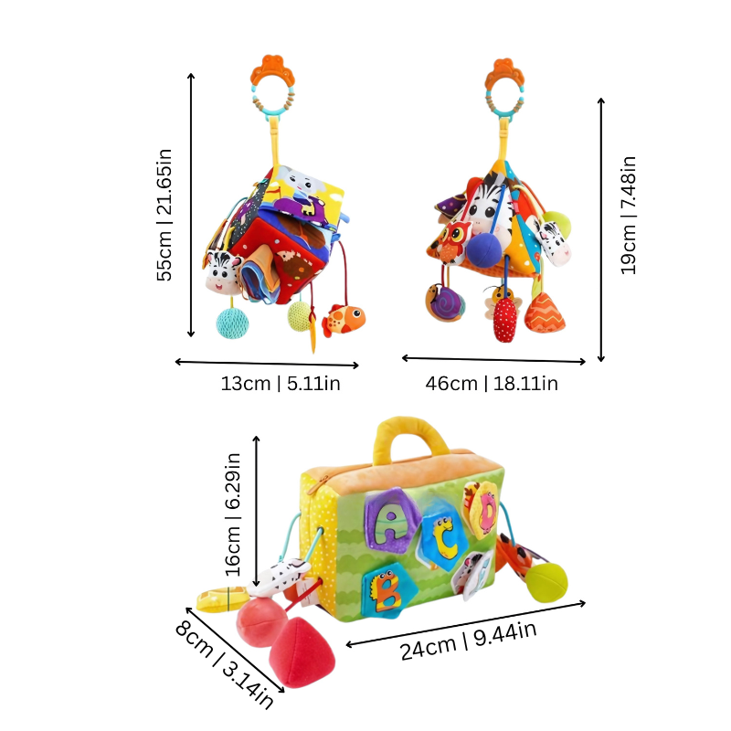 Soft elephant clip-on sensory toy with teether and chime, perfect for baby's crib or stroller