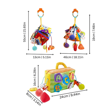 Soft elephant clip-on sensory toy with teether and chime, perfect for baby's crib or stroller