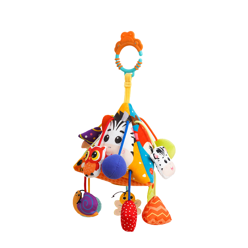 Interactive clip-on baby sensory toy set for strollers, including plush fox, crinkle leaves, and mirror