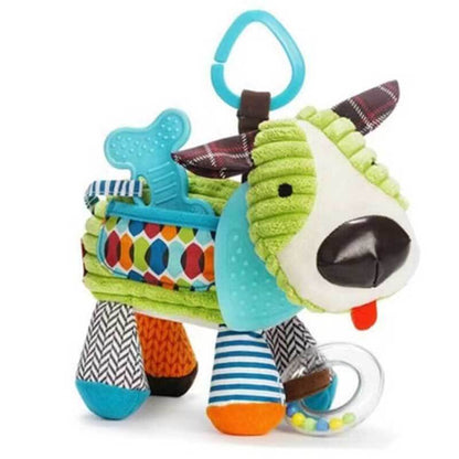 Close-up of a soft giraffe baby rattle toy with textured rings and colorful patterns, perfect for infants