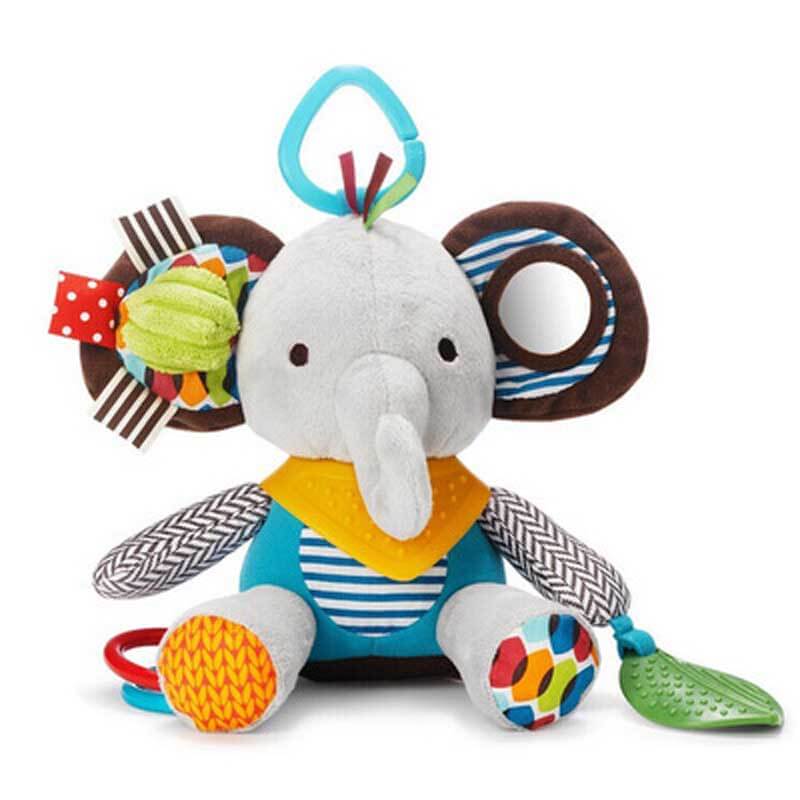 Multi-sensory fox plush rattle toy with a mirror, textured tags, and teether, ideal for stroller attachment