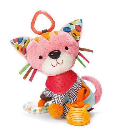 Plush bear baby rattle doll with different fabric textures and an attached teether, stimulating sensory development