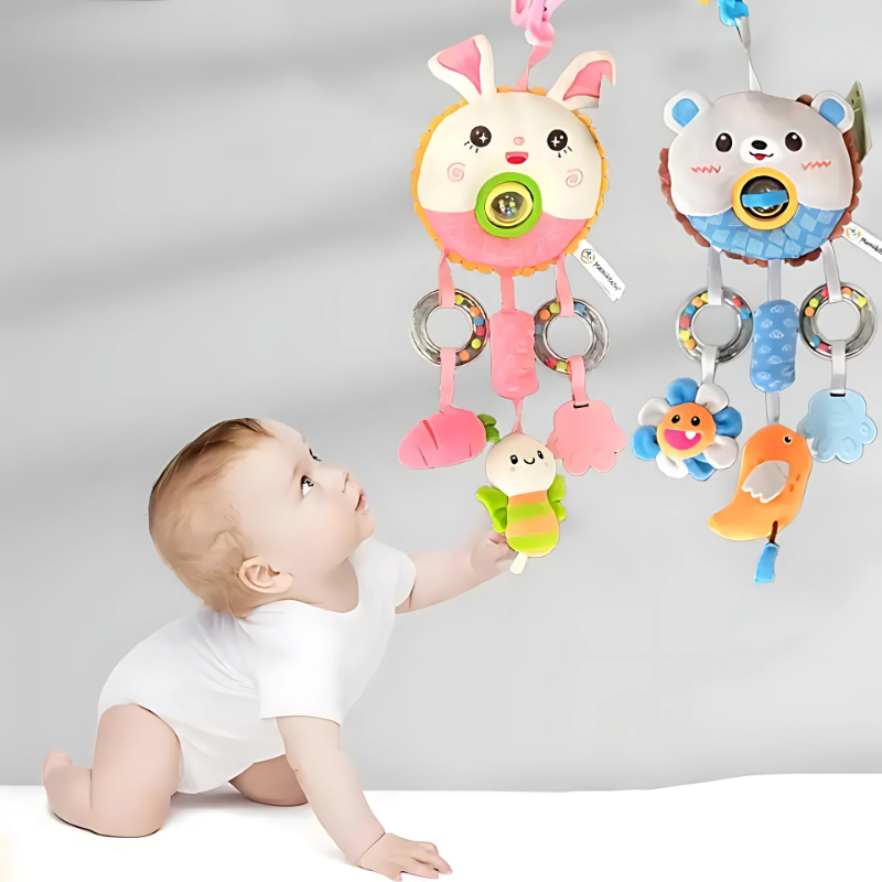 Plush lion stroller rattle toy for baby sensory development, soft & engaging.