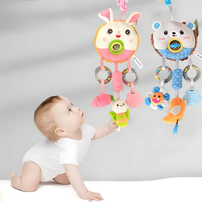 Plush lion stroller rattle toy for baby sensory development, soft & engaging.
