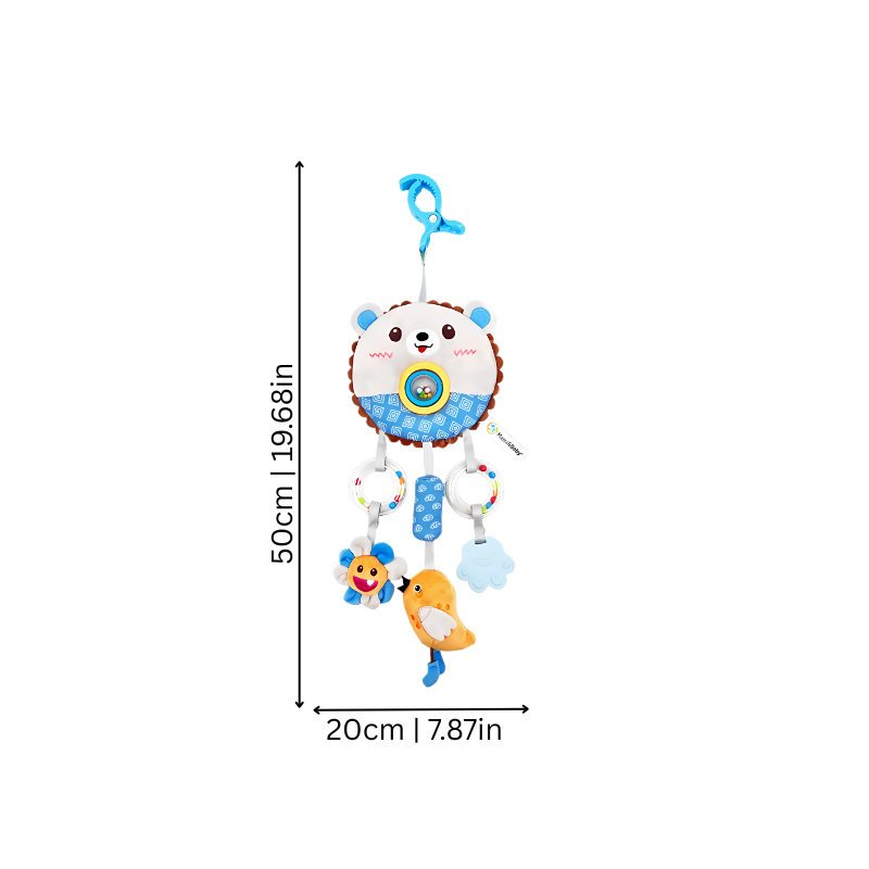 Baby sensory plush rattle hanging from stroller, a delightful infant developmental toy.