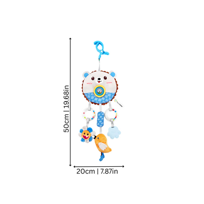 Baby sensory plush rattle hanging from stroller, a delightful infant developmental toy.