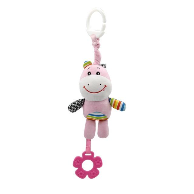 Baby entertainment, hanging animal rattle toy for stroller or car seat, promotes developmental skills