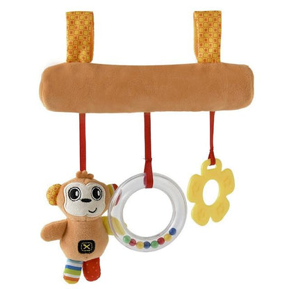 Engaging infant stroller toy, plush rattle with attached teether for soothing gums and play