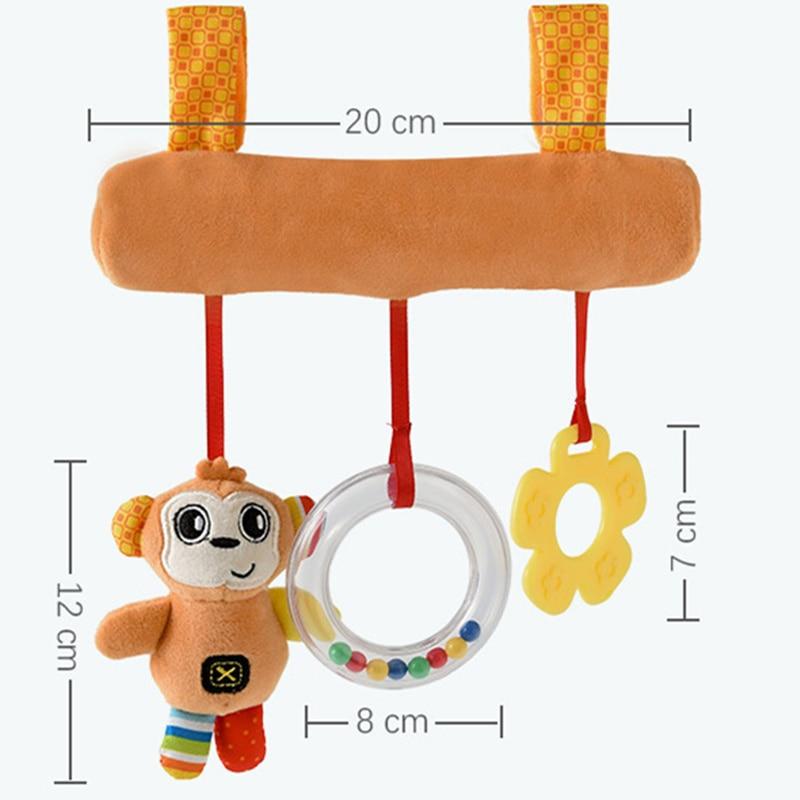 Colorful monkey plush rattle for baby stroller and crib, enhances sensory and motor skills
