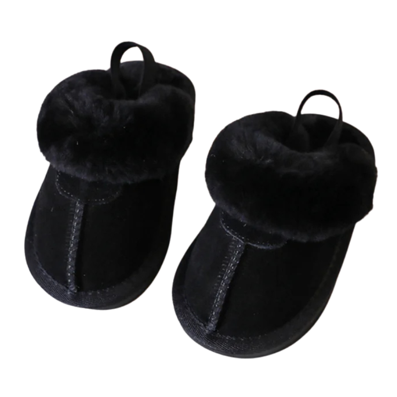 Soft gray plush non-slip winter slippers for kids, offering warmth and stability for little feet.