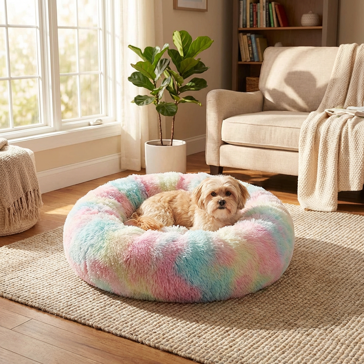 Plush, round calming dog bed for anxiety relief. Soft, soothing pet bed provides ultimate dog comfort for all sizes.