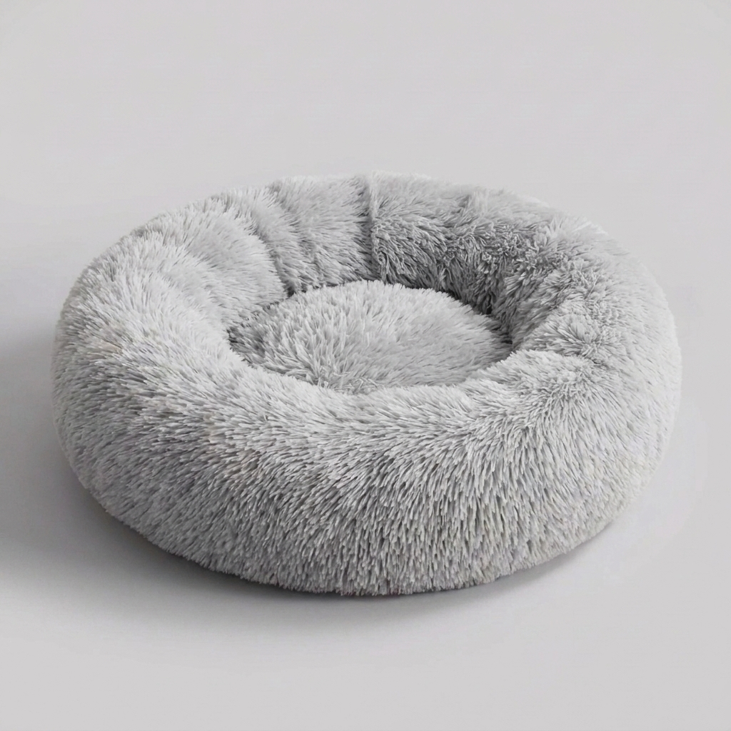 Luxurious faux fur anti-anxiety dog bed. Super soft, plush calming pet bed provides deep comfort and soothing relief.