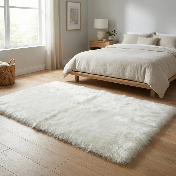 Plush Shag Faux Fur Bench Runner Rug with elegant wave design. Soft, luxurious home decor for living room/bedroom.