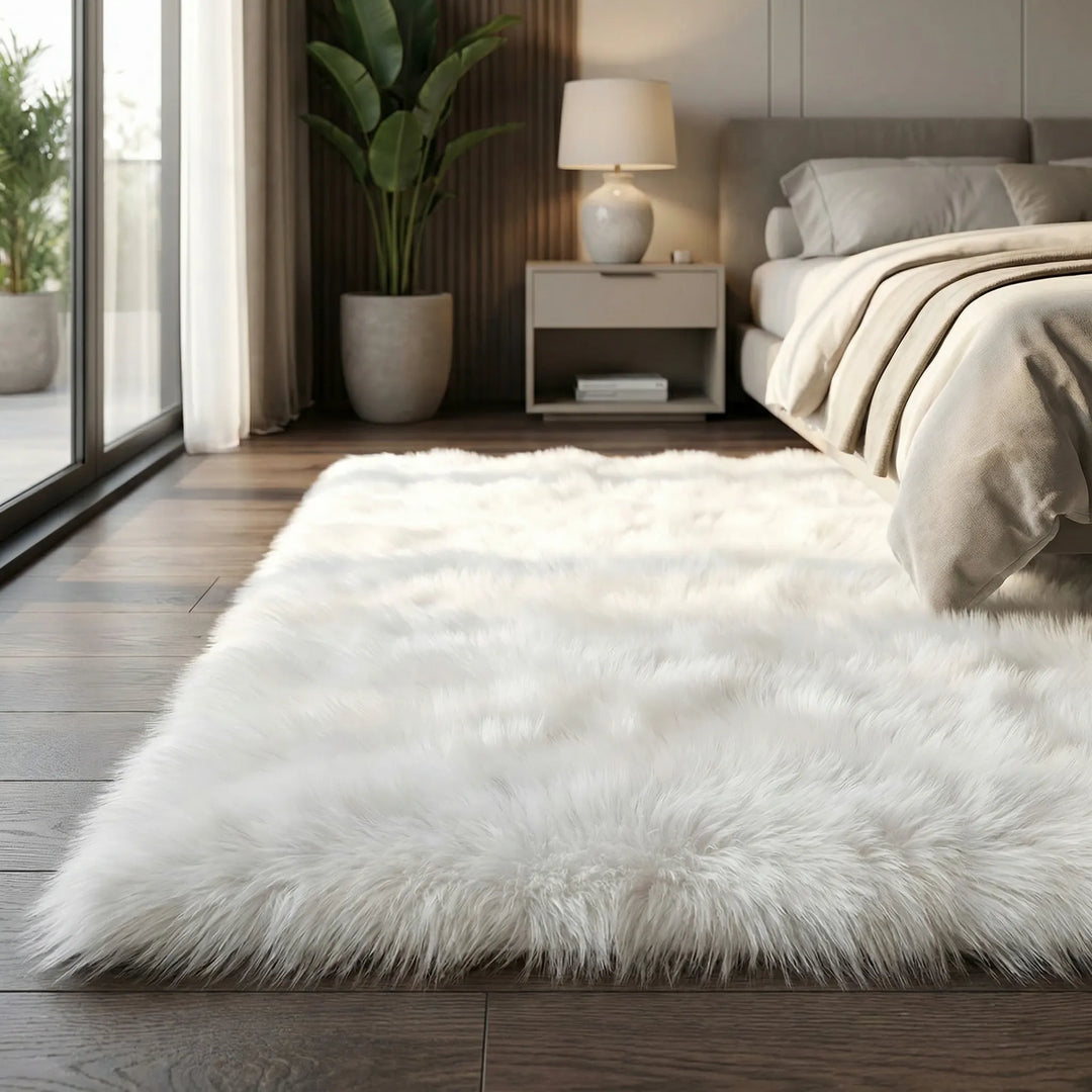 Soft, cozy faux fur runner rug. Plush shag texture and Flowique wave design enhance living room or bedroom decor.