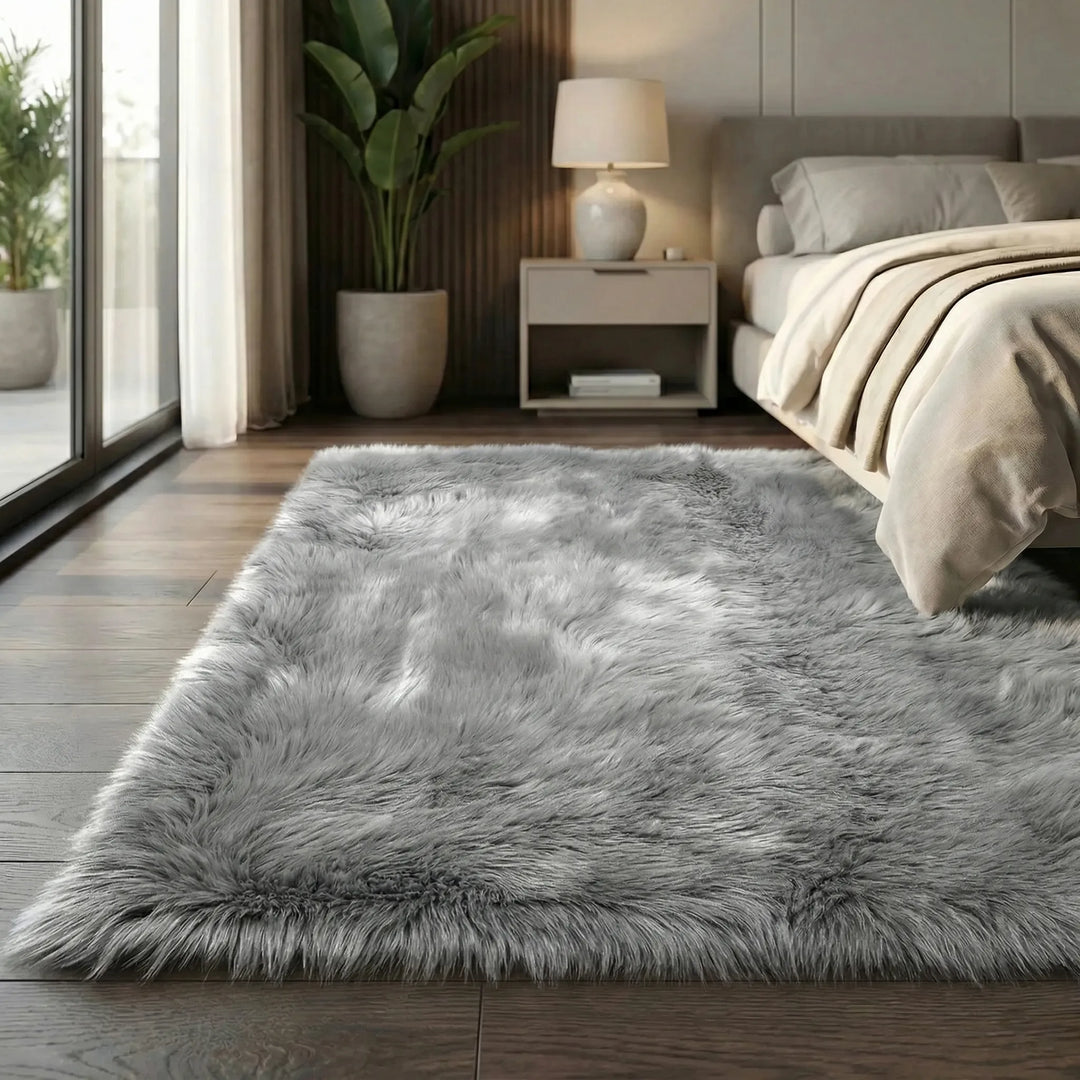 Modern home decor: A plush shag faux fur bench runner rug with a striking wave pattern. Soft and luxurious.