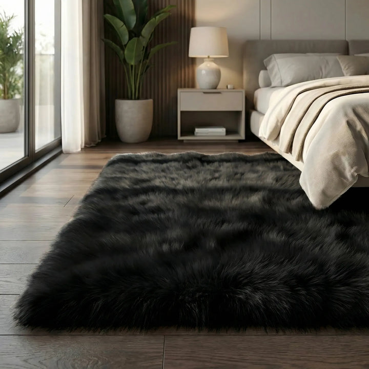 Bedroom soft rug: Flowique plush shag faux fur runner with a beautiful wave design, adding comfort and style.