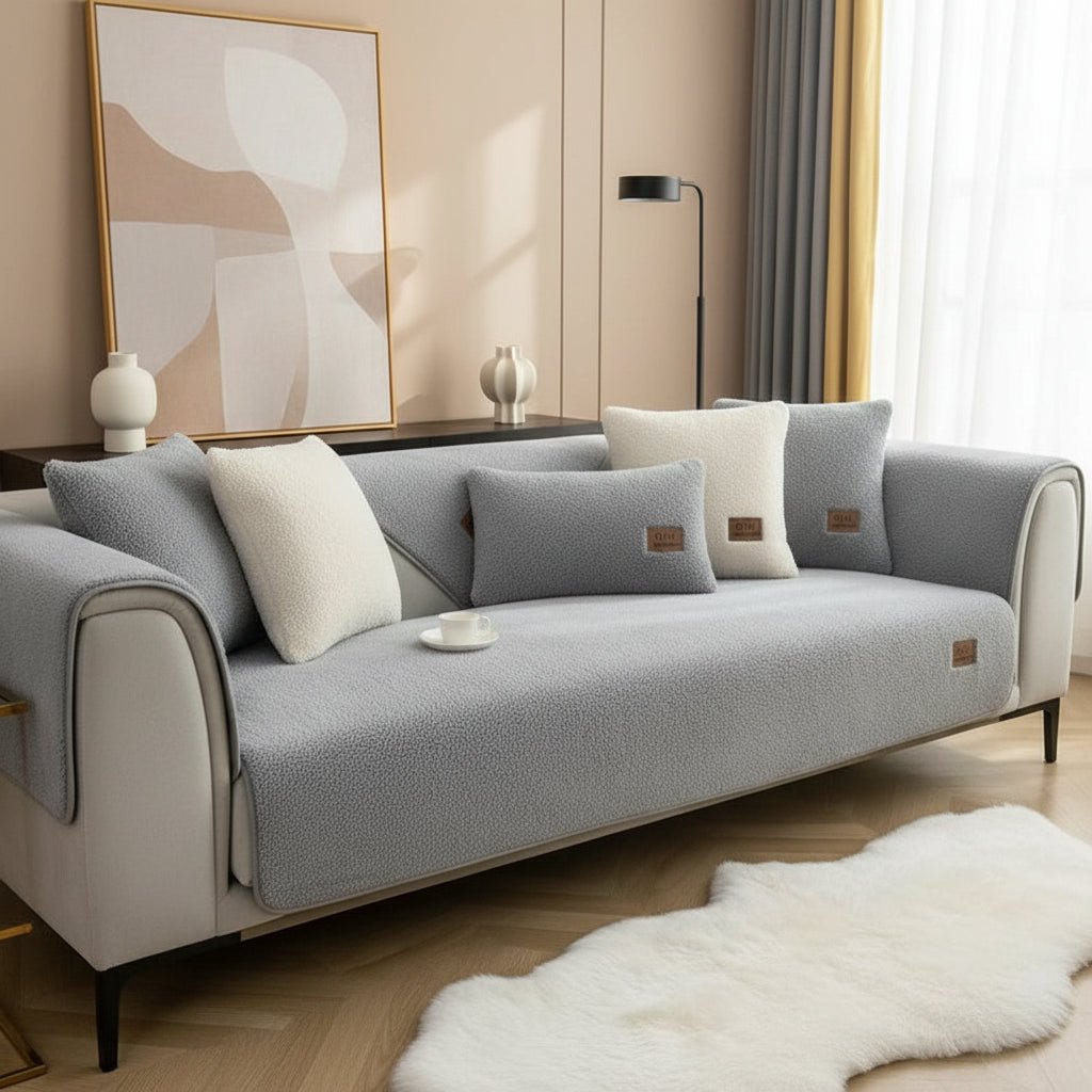 Plush sofa cover, cozy polyester furniture protector for living room decor & comfort.