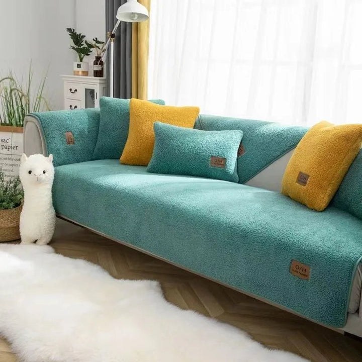 Luxurious plush sofa cover, soft yet durable for long-lasting cozy comfort & protection.