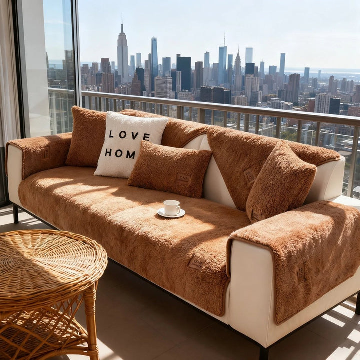 Soft, plush sofa cover for ultimate cozy comfort; perfect living room decor & protection.
