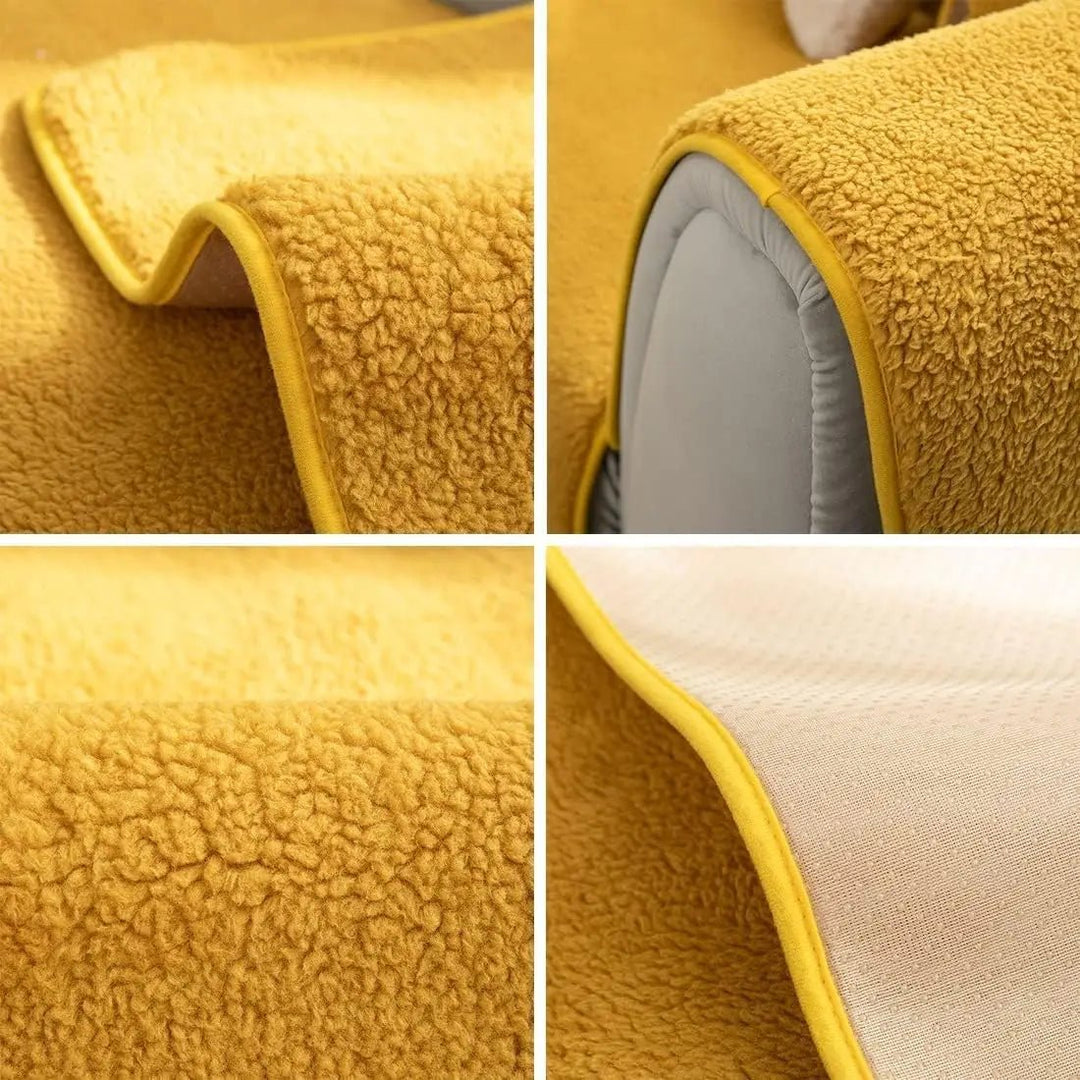 Easy-care, machine washable polyester plush sofa cover; modern, warm & protective.