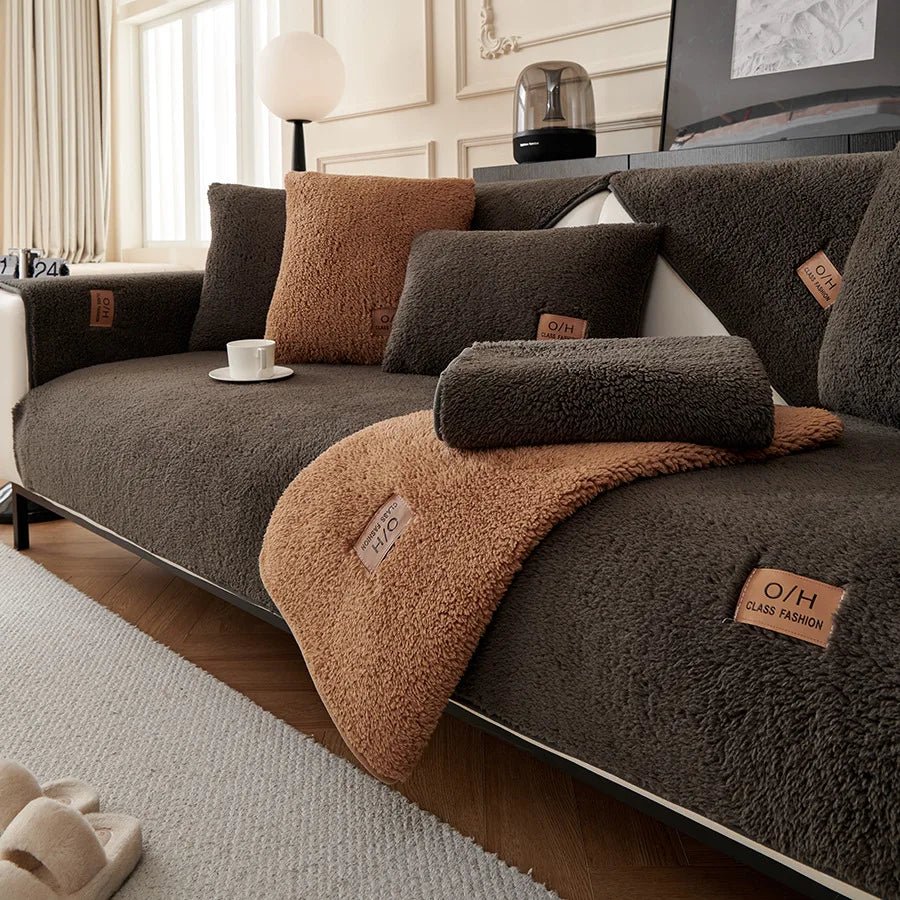 Cozy, pet-friendly plush sofa cover; durable furniture protector, easy to clean & stylish.