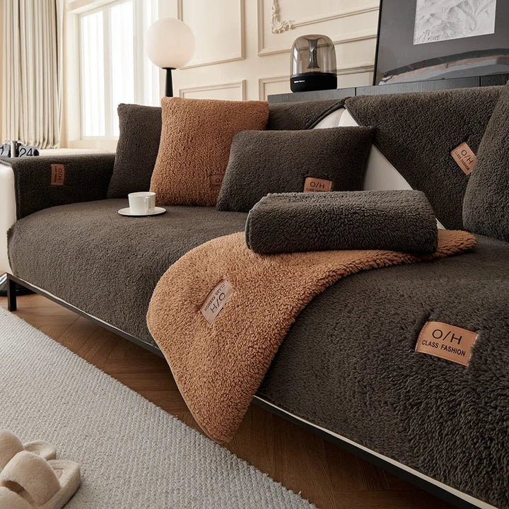 Cozy, pet-friendly plush sofa cover; durable furniture protector, easy to clean & stylish.