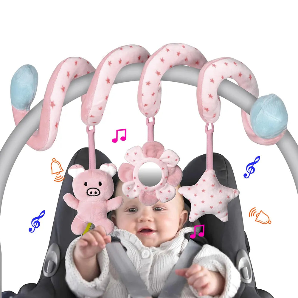 Plush spiral activity toy with animal rattles for baby car seat & crib, developmental infant toy