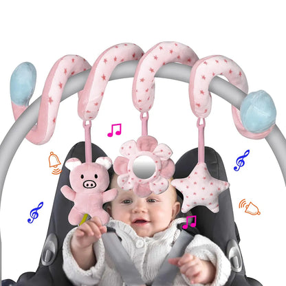 Plush spiral activity toy with animal rattles for baby car seat & crib, developmental infant toy