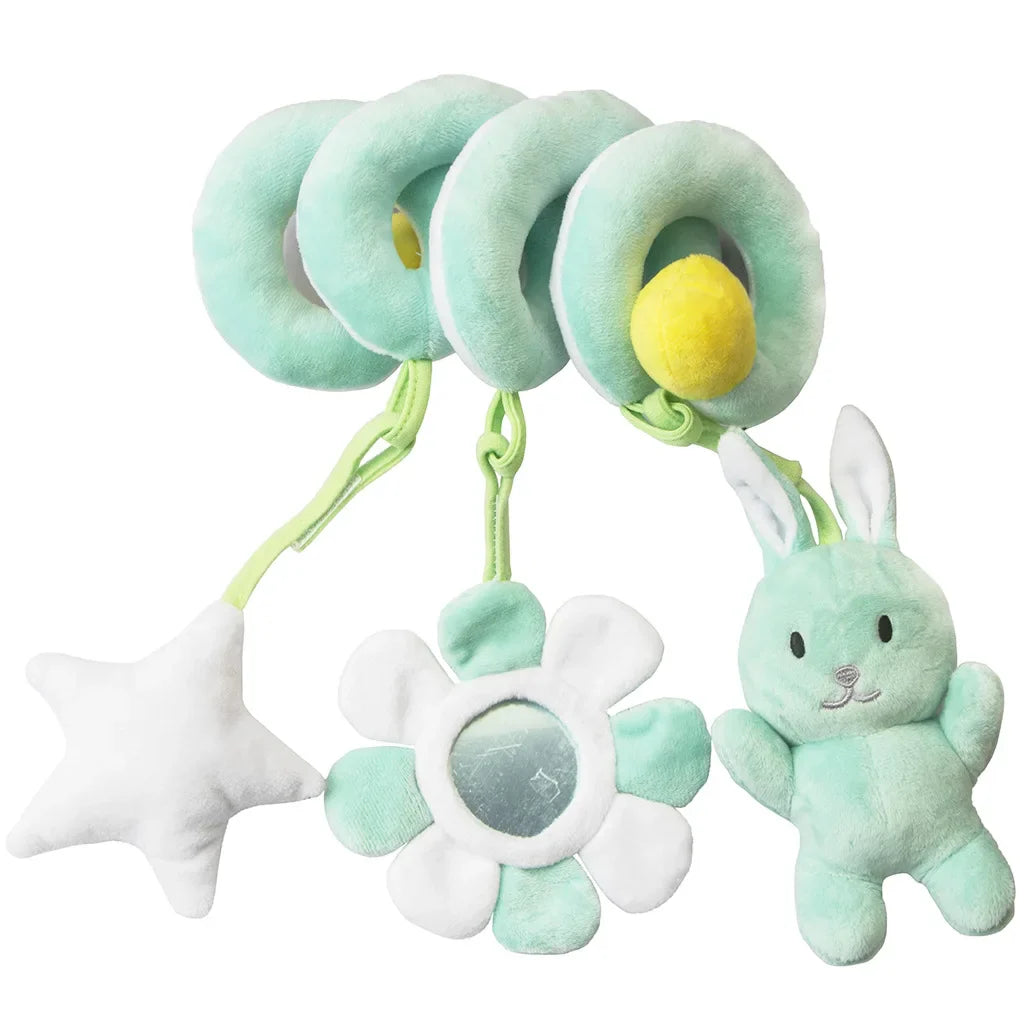 Full view of spiral baby toy with zebra, lion, and elephant plush, suitable for strollers
