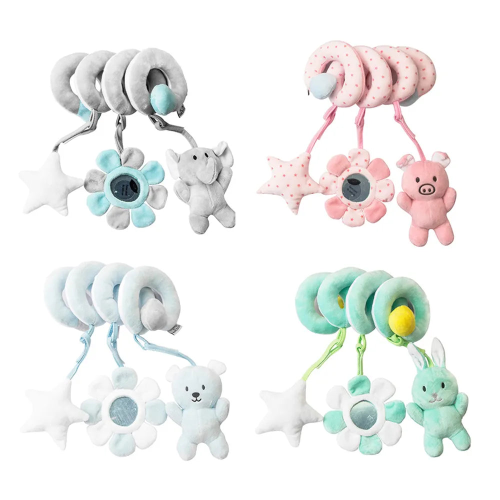 Spiral activity toy for babies featuring cute animal plushies and a built-in mirror