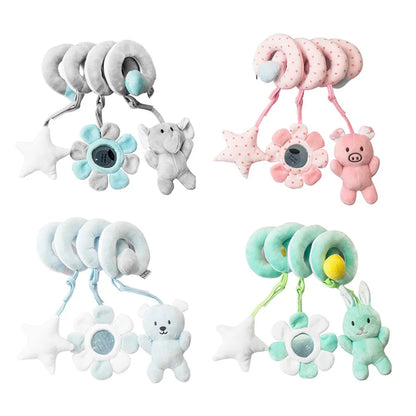 Spiral activity toy for babies featuring cute animal plushies and a built-in mirror