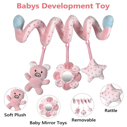 Close-up of colorful baby spiral activity toy with hanging elephant, lion, and monkey, sensory play