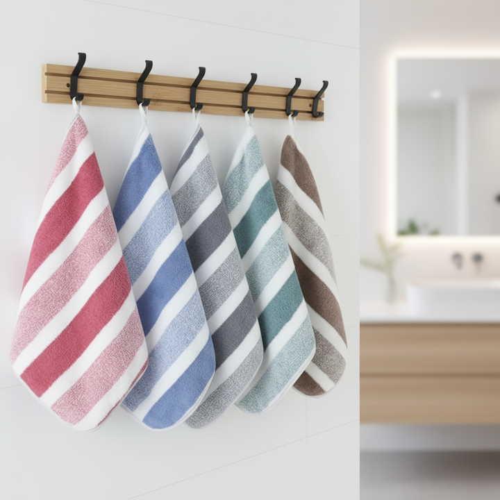 Plush striped microfiber 5-piece towel set for bathroom. Soft, absorbent, and quick-dry bath linens.