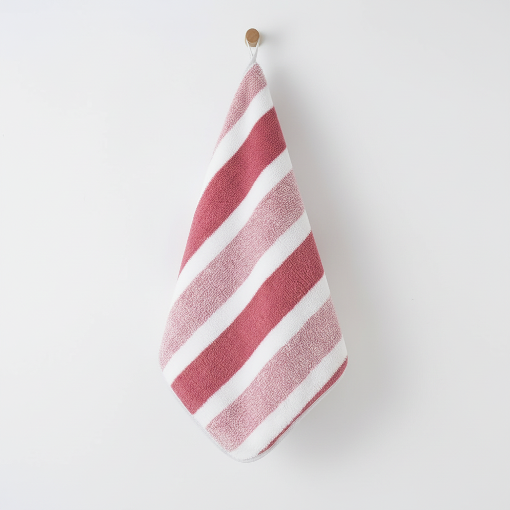 Soft coral fleece striped microfiber towel set. Absorbent, quick-dry bath and hand towels for modern bathrooms.