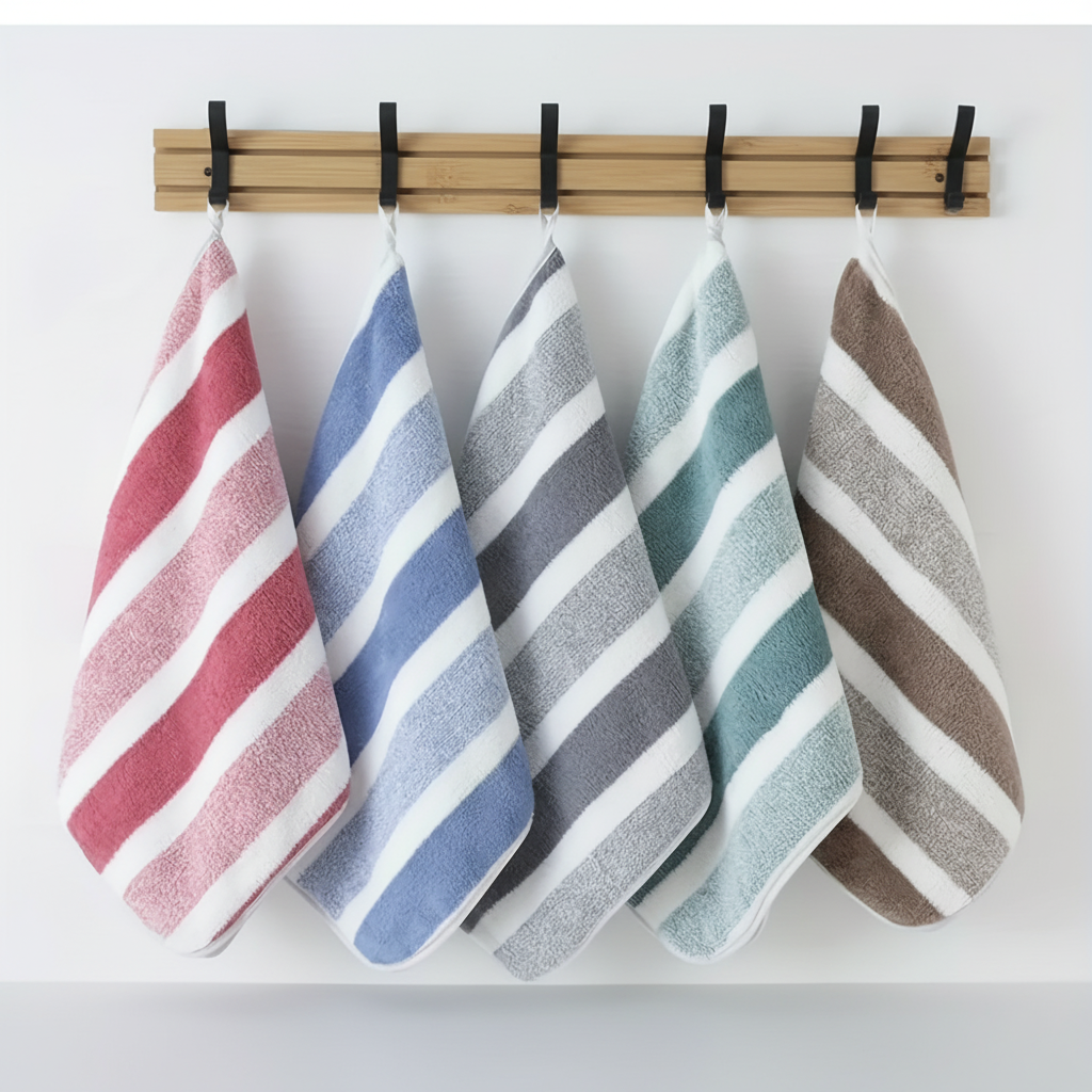 Luxuriously soft & absorbent striped microfiber 5-piece towel set. Quick-dry bath and hand towels for comfort.