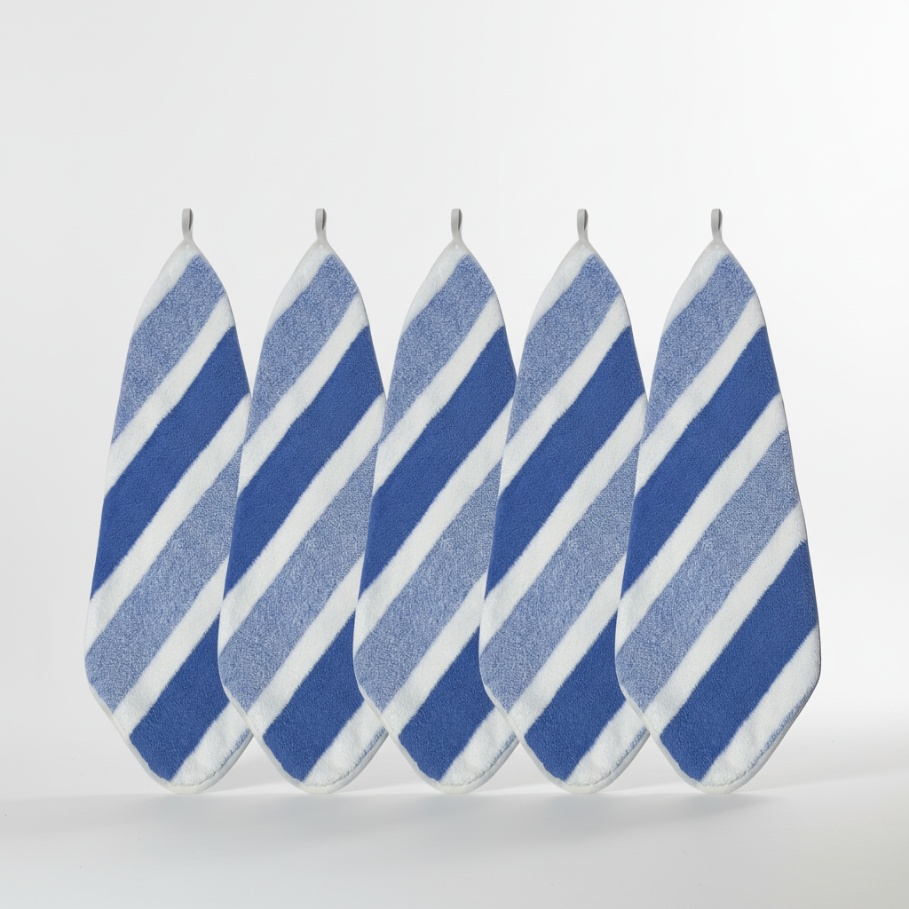Striped microfiber 5-piece towel set; includes plush bath and hand towels. Soft, absorbent, and quick-drying bathroom linens.