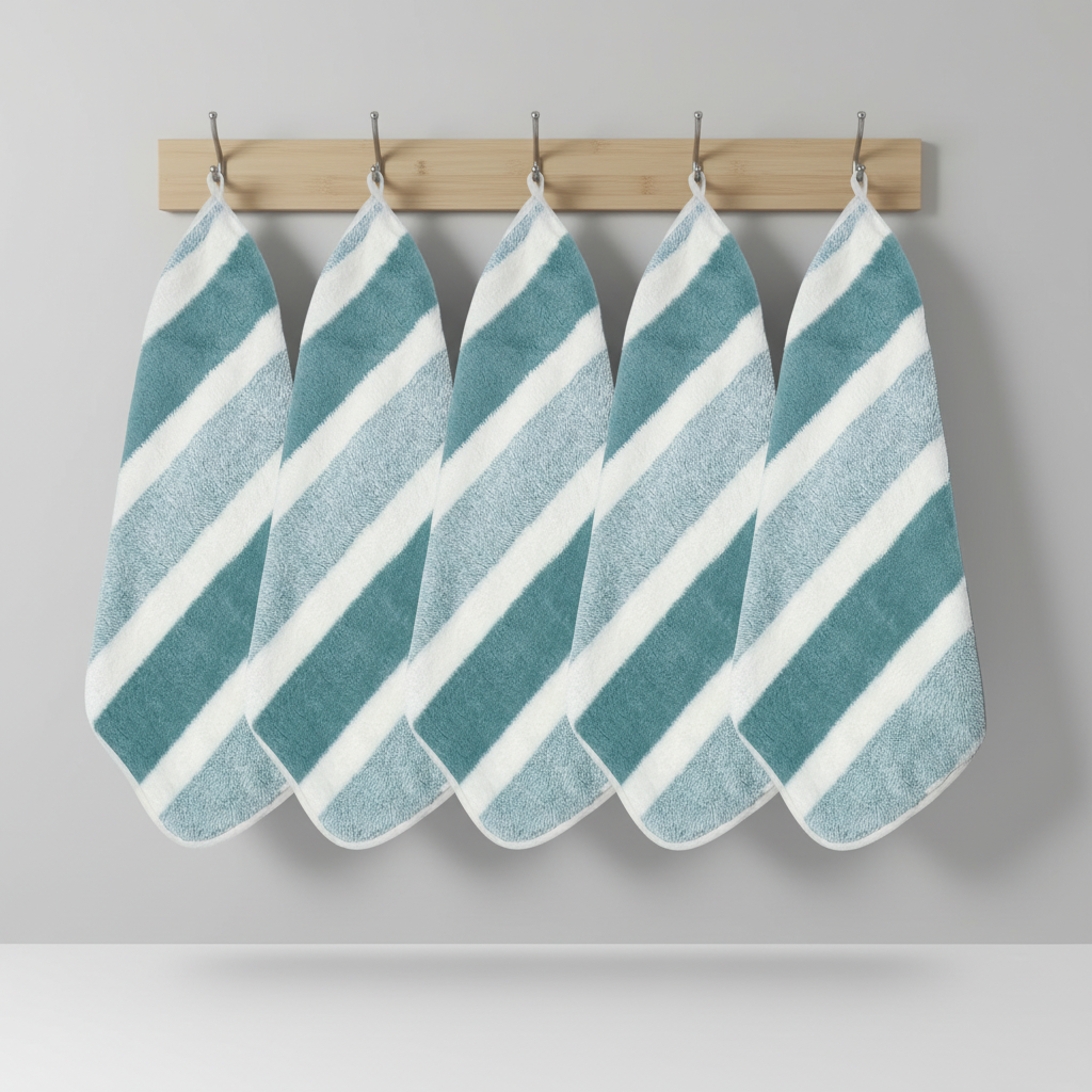Striped coral fleece microfiber towel set. Super soft, absorbent, and quick-dry 5-piece bath and hand towel collection.