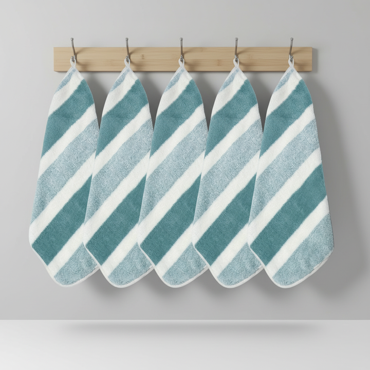 Striped coral fleece microfiber towel set. Super soft, absorbent, and quick-dry 5-piece bath and hand towel collection.