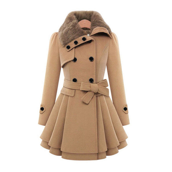 Plush tailored long coat for women with an elegant faux fur collar, perfect for winter fashion.
