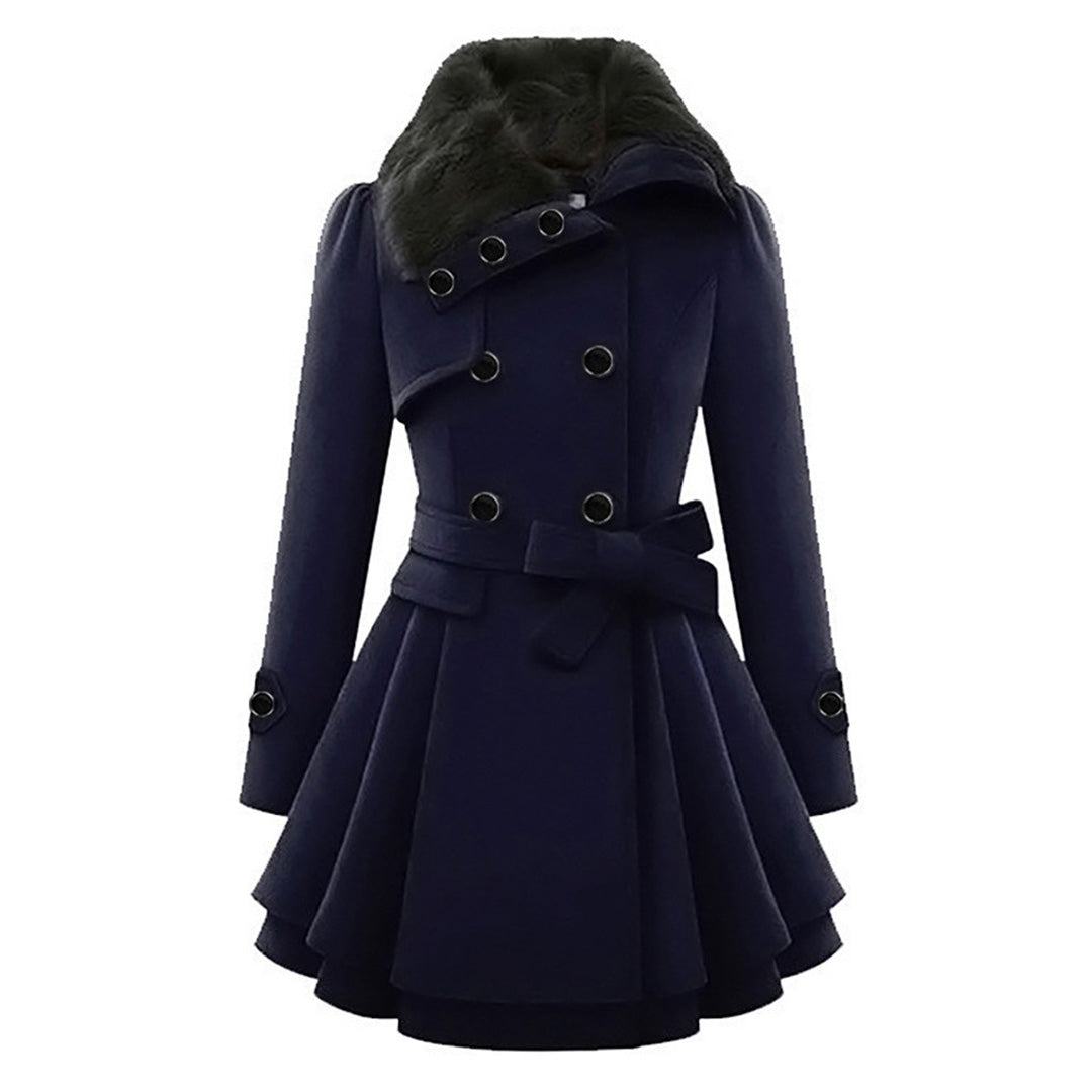 Versatile women's long plush coat, tailored for an elegant fit, with a luxurious faux fur collar.