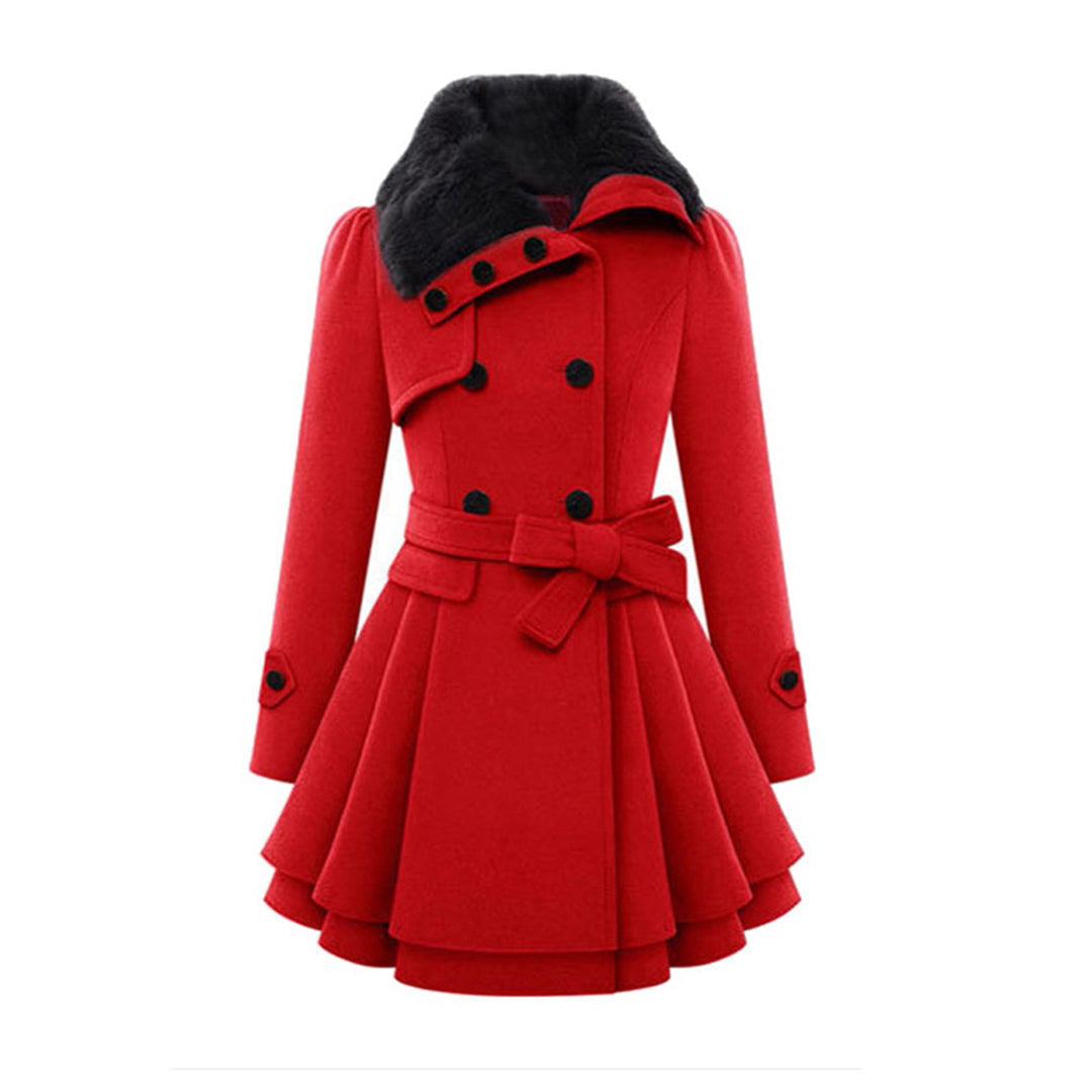 Model wearing a women's plush tailored long coat with an elegant faux fur collar for winter style.