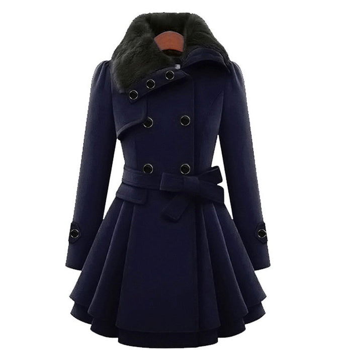 Women's long plush coat, tailored fit, featuring a stylish faux fur collar; warm and elegant outerwear.