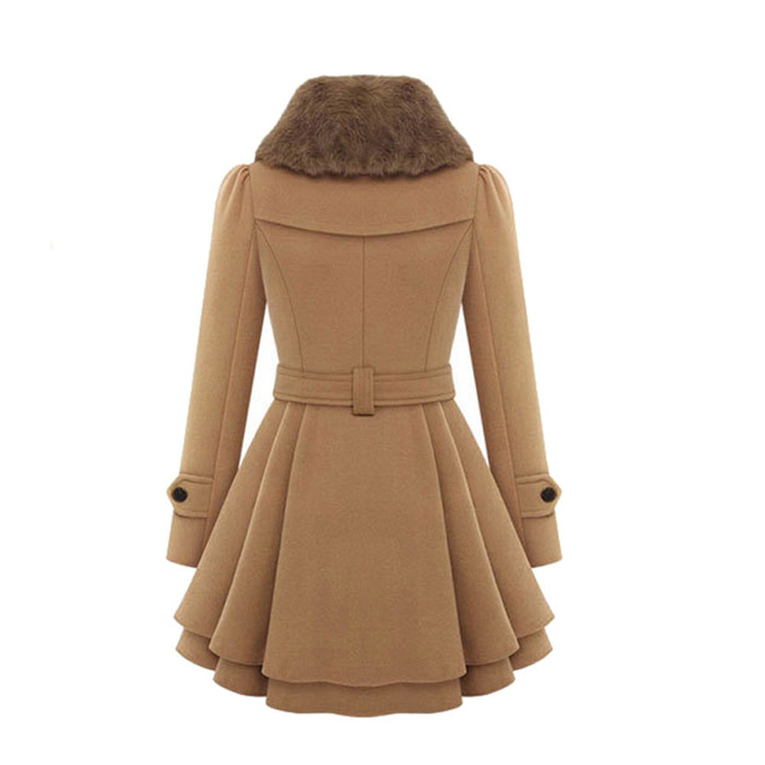 Elegant women's winter coat with a luxurious faux fur collar and plush, tailored long design.