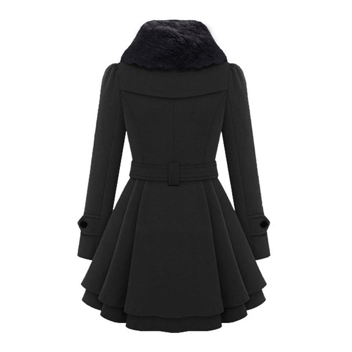 Stylish long women's coat, plush fabric, tailored silhouette, and a chic faux fur collar for warmth.